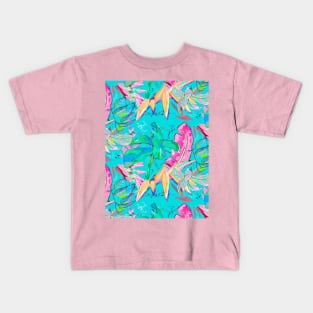 Elegant Tropical floral leaves botanical pattern,botanical pattern, tropical plants, pink aqua leaves pattern over a Kids T-Shirt